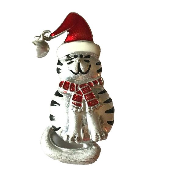 Vtg Santa Christmas Kitty Cat Brooch Pin Red Hat Scarf Bell Silver Plated Enamel - Picture 2 of 9